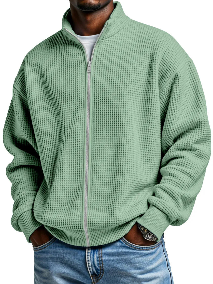Men's Waffle Knit Jacket Stand Collar Zip Front