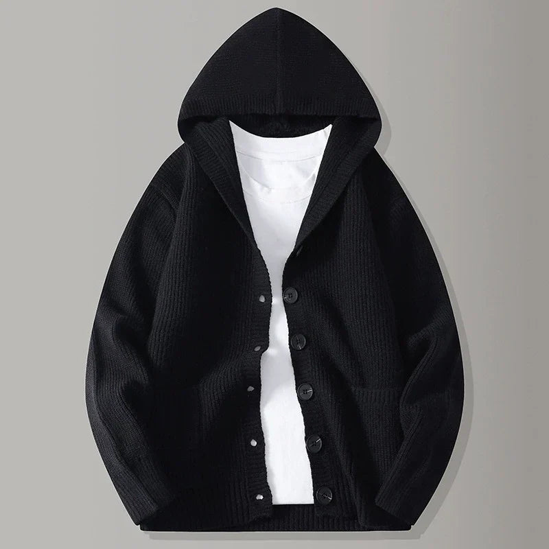 Men's Hooded Knit Cardigan with Button Front
