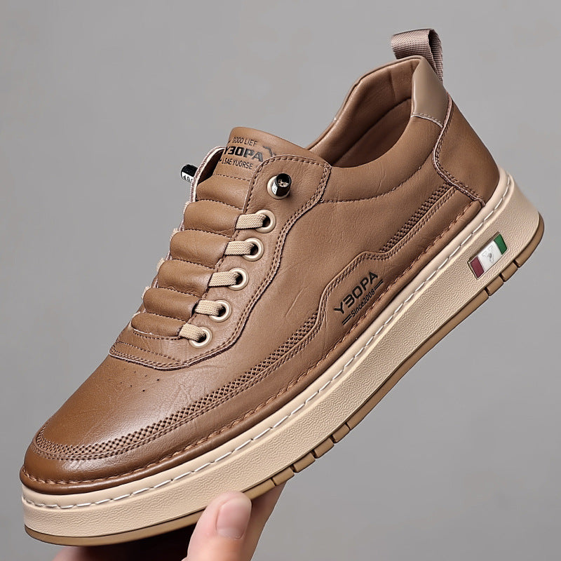 Men's Chunky Leather Trainers Thick Sole Stitched Detail Cushioned