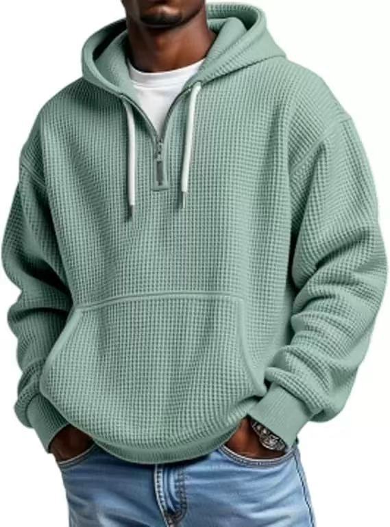 Men's Waffle Knit Quarter Zip Hoodie Kangaroo Pocket Drawstring Hood
