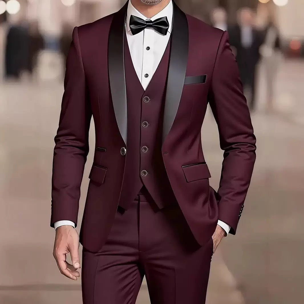 Ensemble de smoking trois pièces pour hommes en mélange satin, ajustement sur mesure, gilet, cravate noire formel
