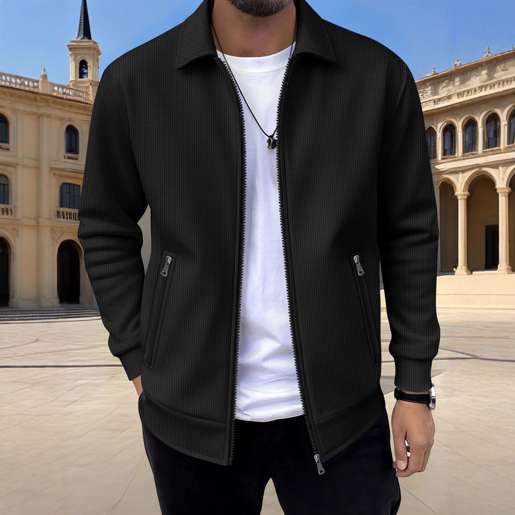 Men's Textured Jacket Zip Front Long Sleeve