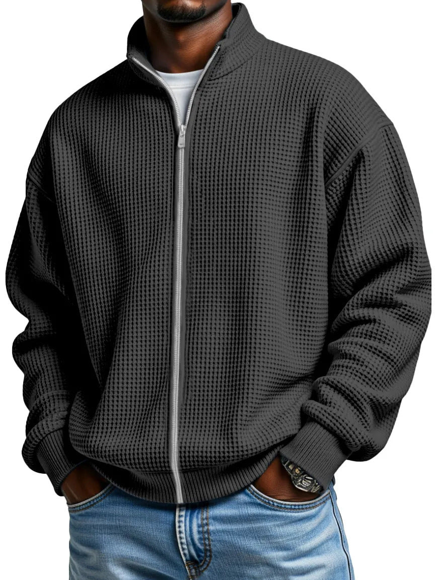 Men's Waffle Knit Jacket Stand Collar Zip Front