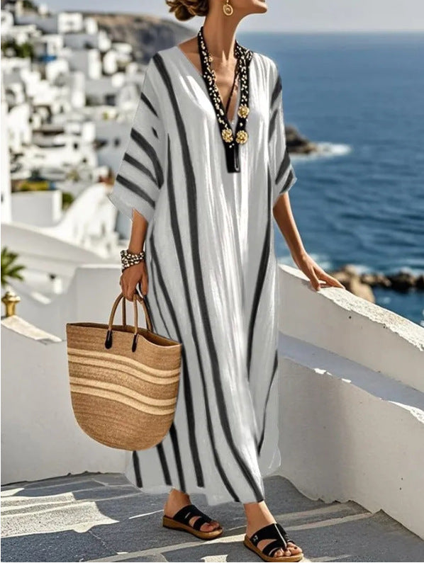 Striped Kaftan Dress Women Oversized V Neck Boho Summer