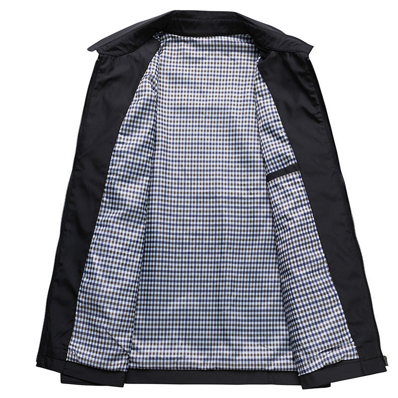 Windproof Jacket Harrington Zip Up Point Collar Checked Lining