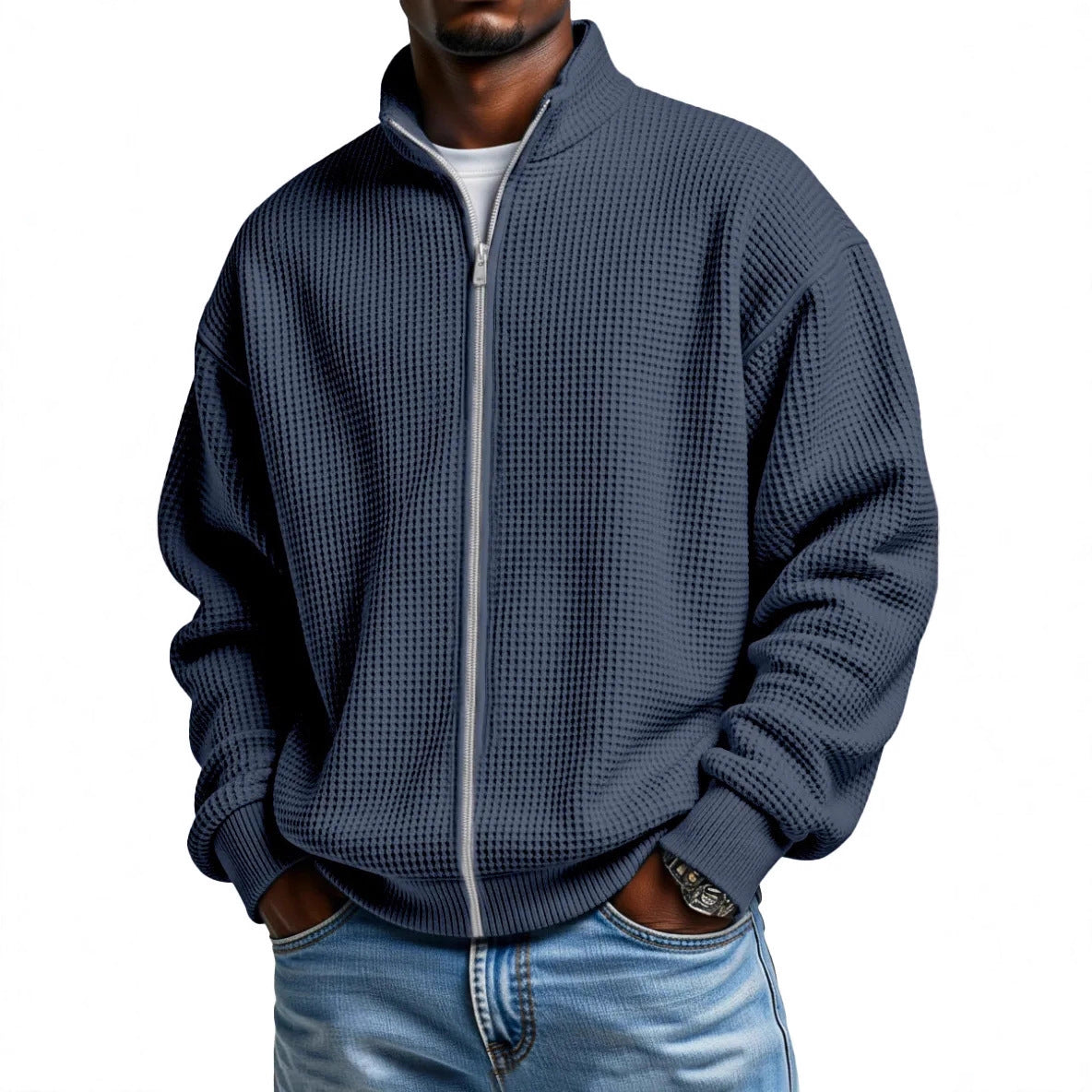 Men's Waffle Knit Jacket Stand Collar Zip Front