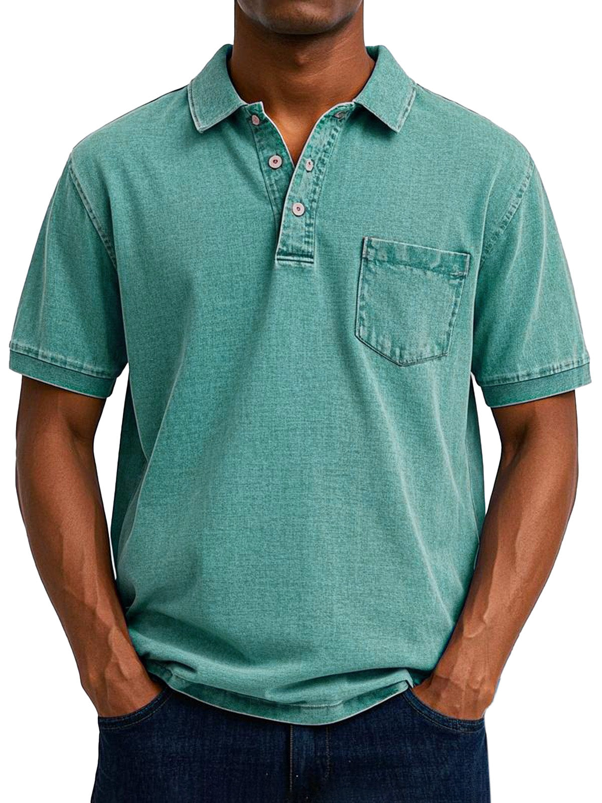 Men's Polo Shirt Cotton Denim Washed Short Sleeve