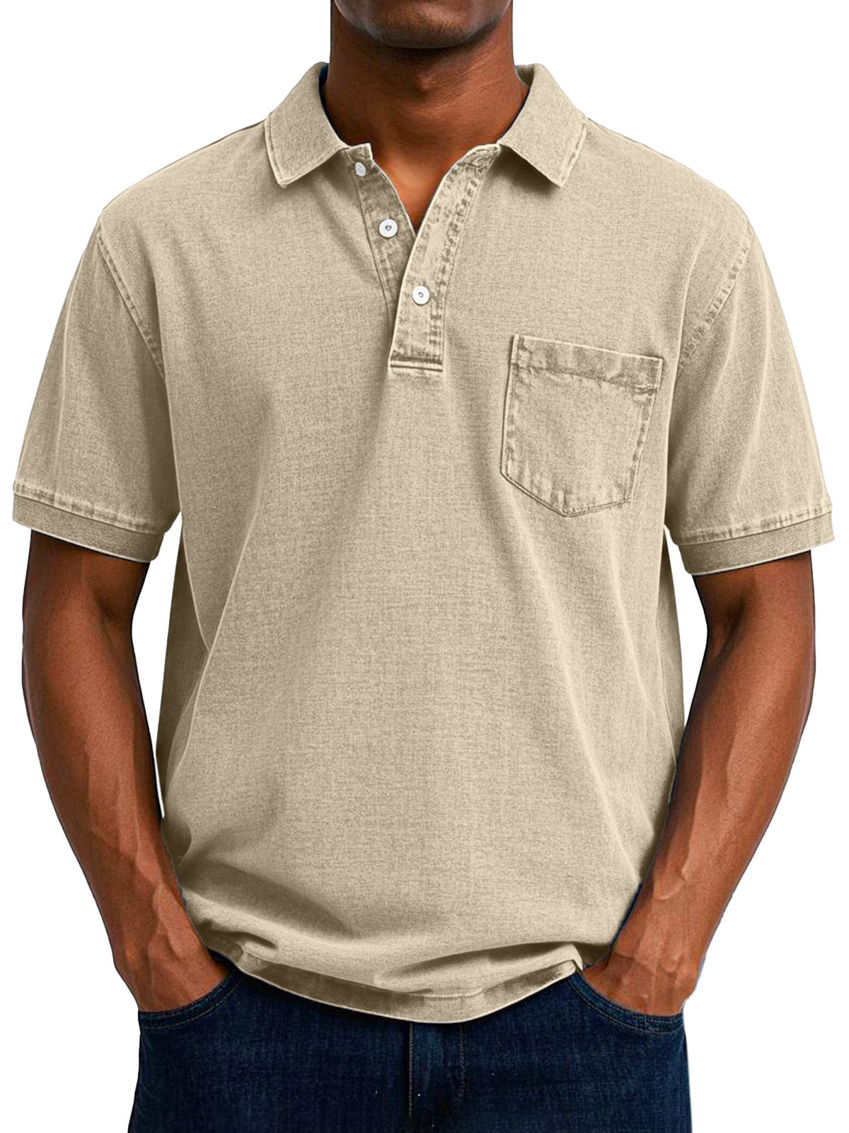Men's Polo Shirt Cotton Denim Washed Short Sleeve