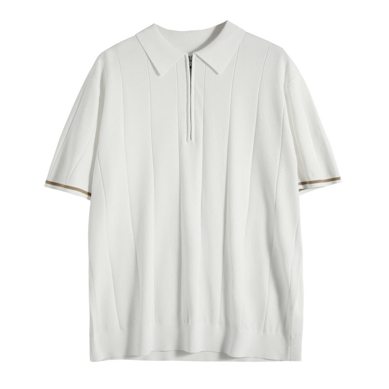 Men's Polo Shirt Knit Half Zip Striped Short Sleeve