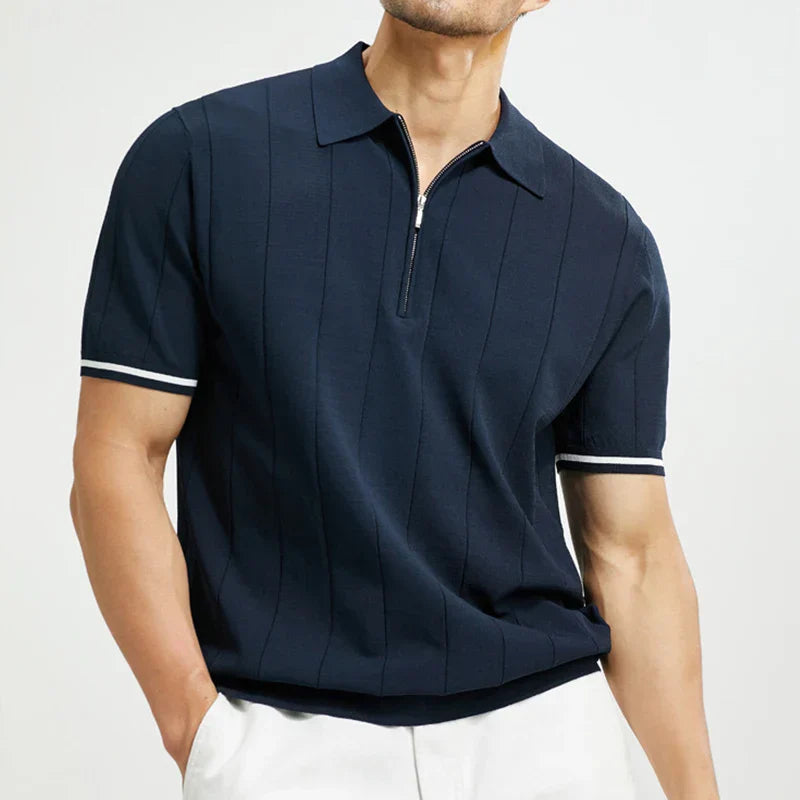 Men's Polo Shirt Knit Half Zip Striped Short Sleeve