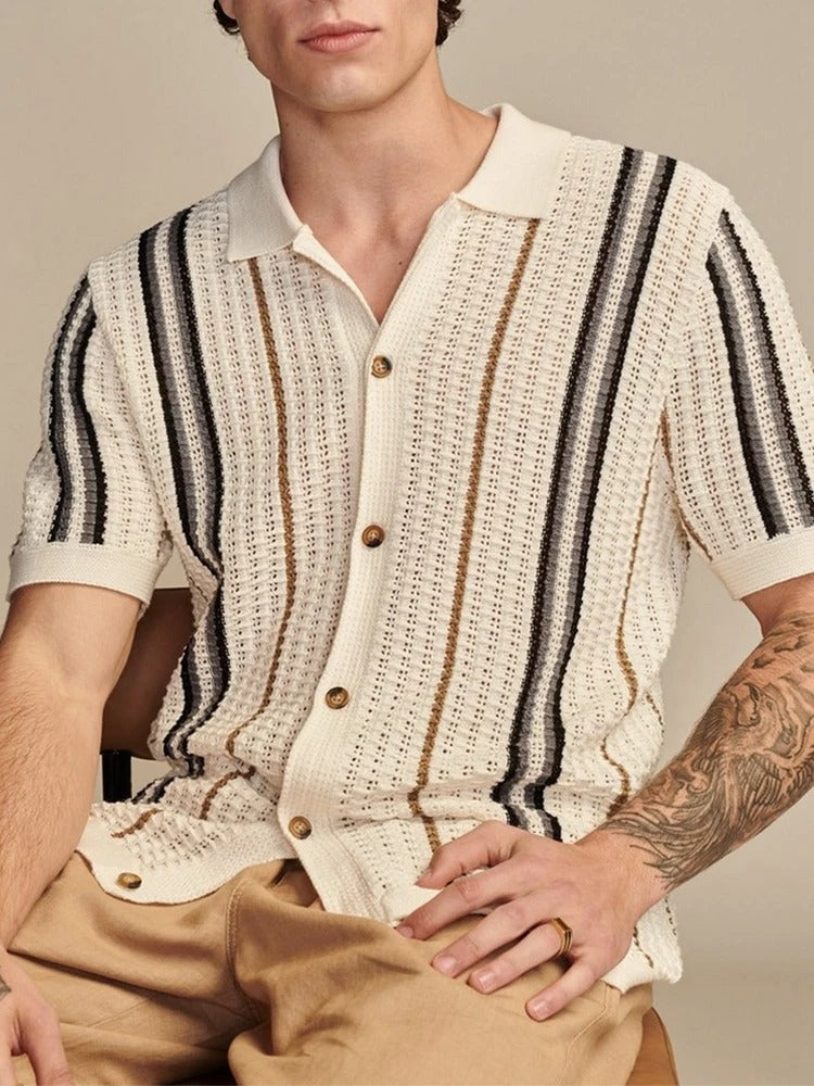 Men's Polo Shirt Crochet Knit Relaxed Fit Striped