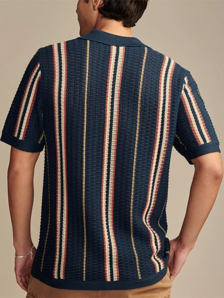 Men's Polo Shirt Crochet Knit Relaxed Fit Striped