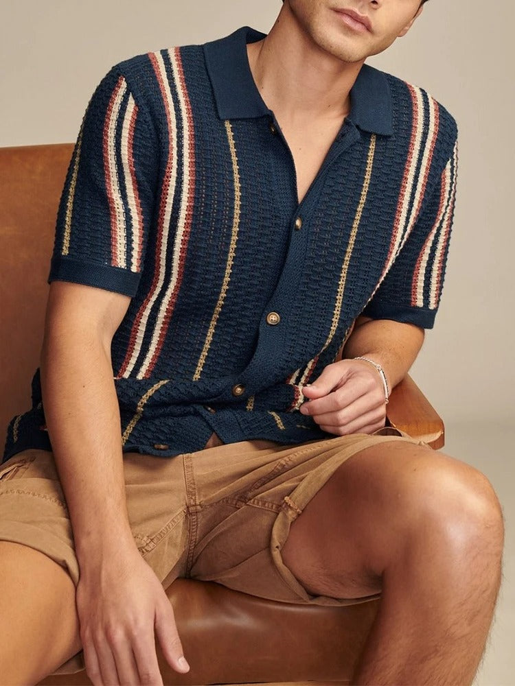Men's Polo Shirt Crochet Knit Relaxed Fit Striped