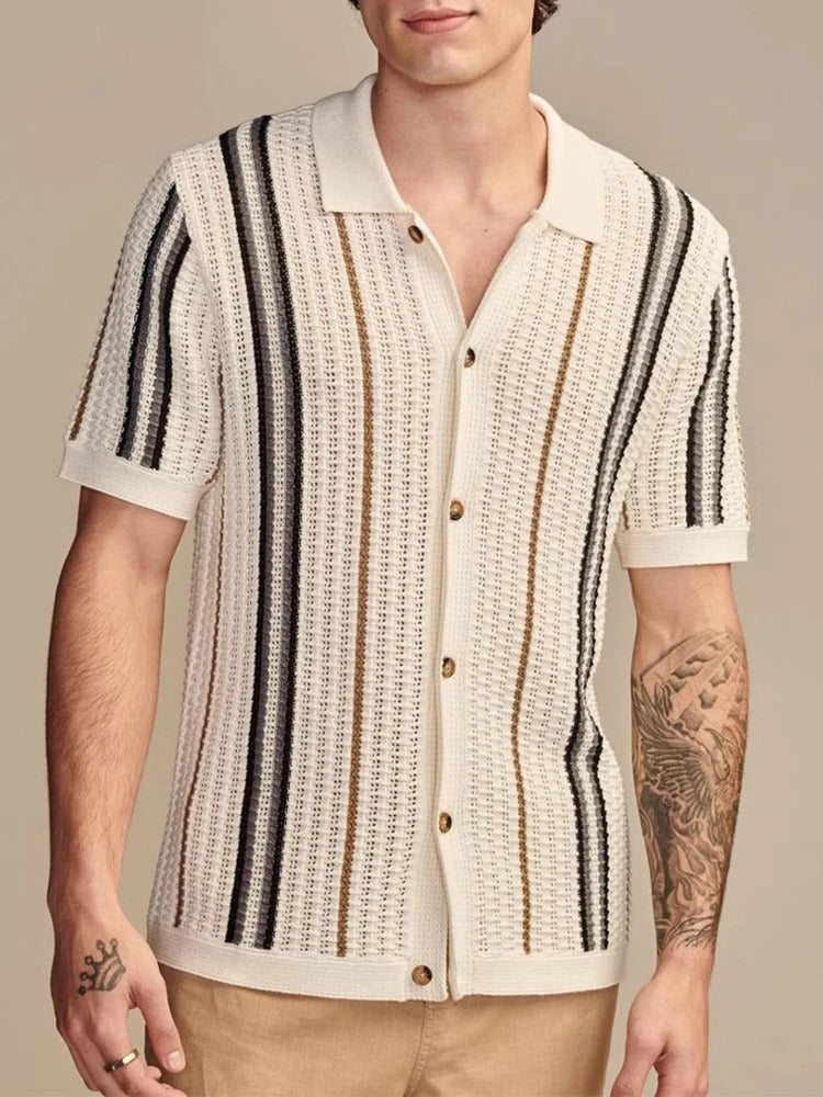 Men's Polo Shirt Crochet Knit Relaxed Fit Striped