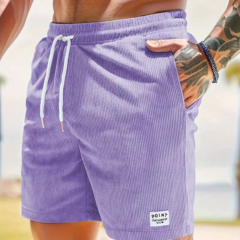 Shorts à cordon côtelés pour hommes en mélange de coton, coupe décontractée, mi-cuisse, poche avant, décontracté