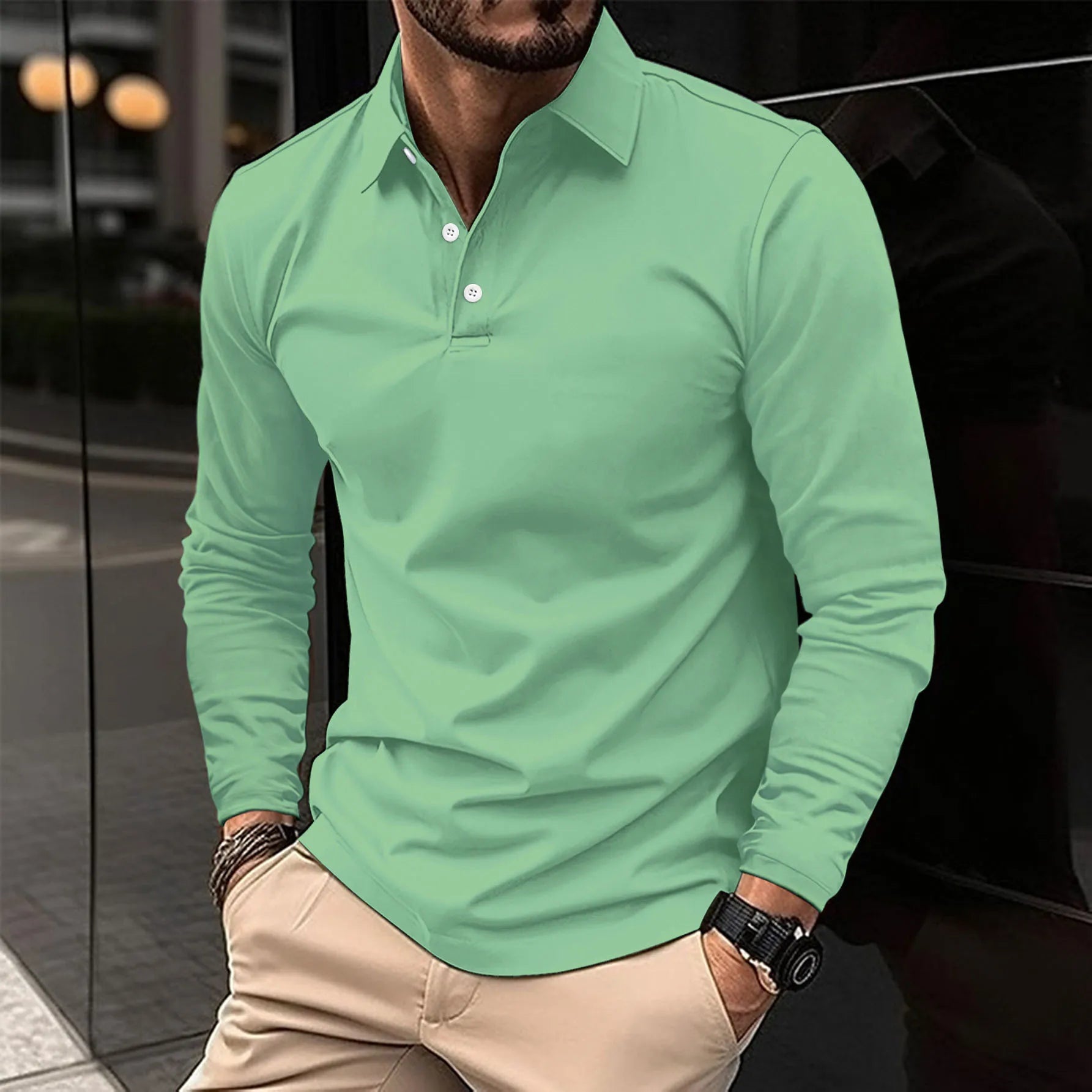 Polo Shirt Slim Fit Long Sleeve Point Collar