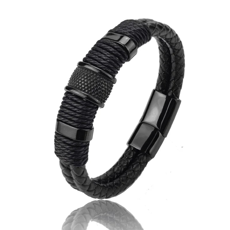 Bracelet Leather Wrap Multilayer Stainless Steel Bead