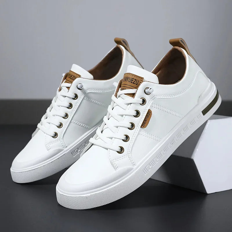 Men's Leather Sneakers Lace Up Cushioned Insole Low Top Casual