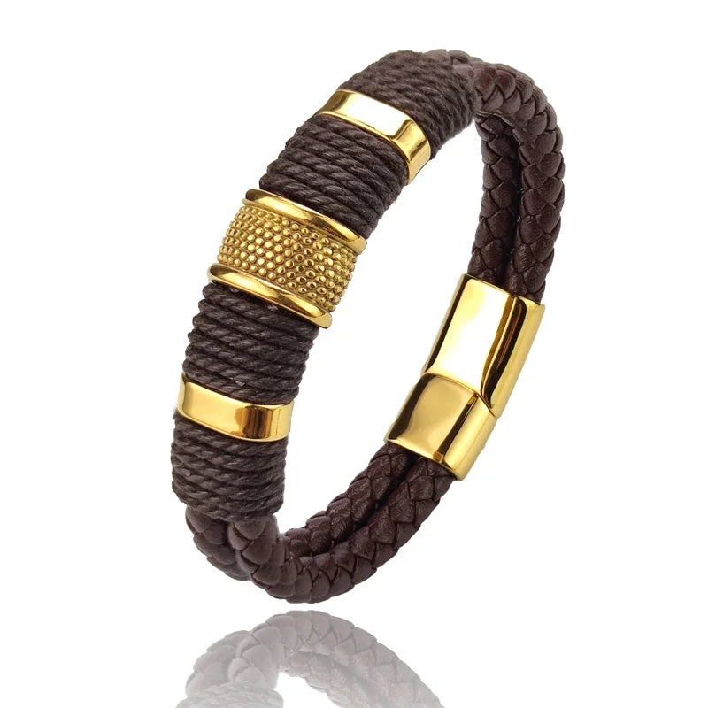 Bracelet Leather Wrap Multilayer Stainless Steel Bead
