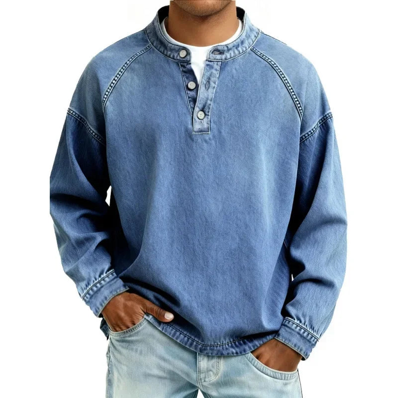 Men's Long Sleeve Henley Shirt Button Placket Relaxed Fit Vintage Style