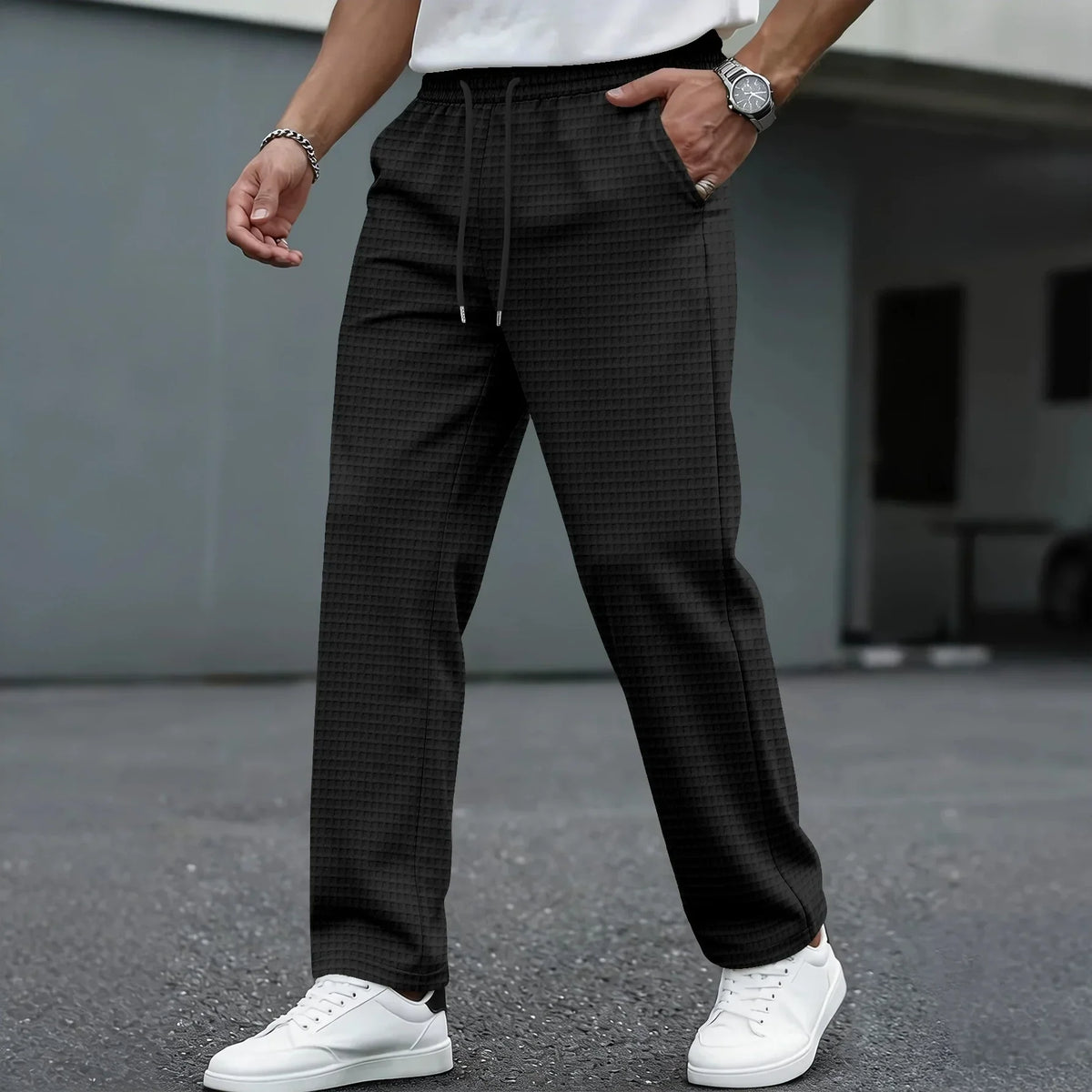 Men's Straight Leg Joggers Drawstring Waist Textured Mid Rise