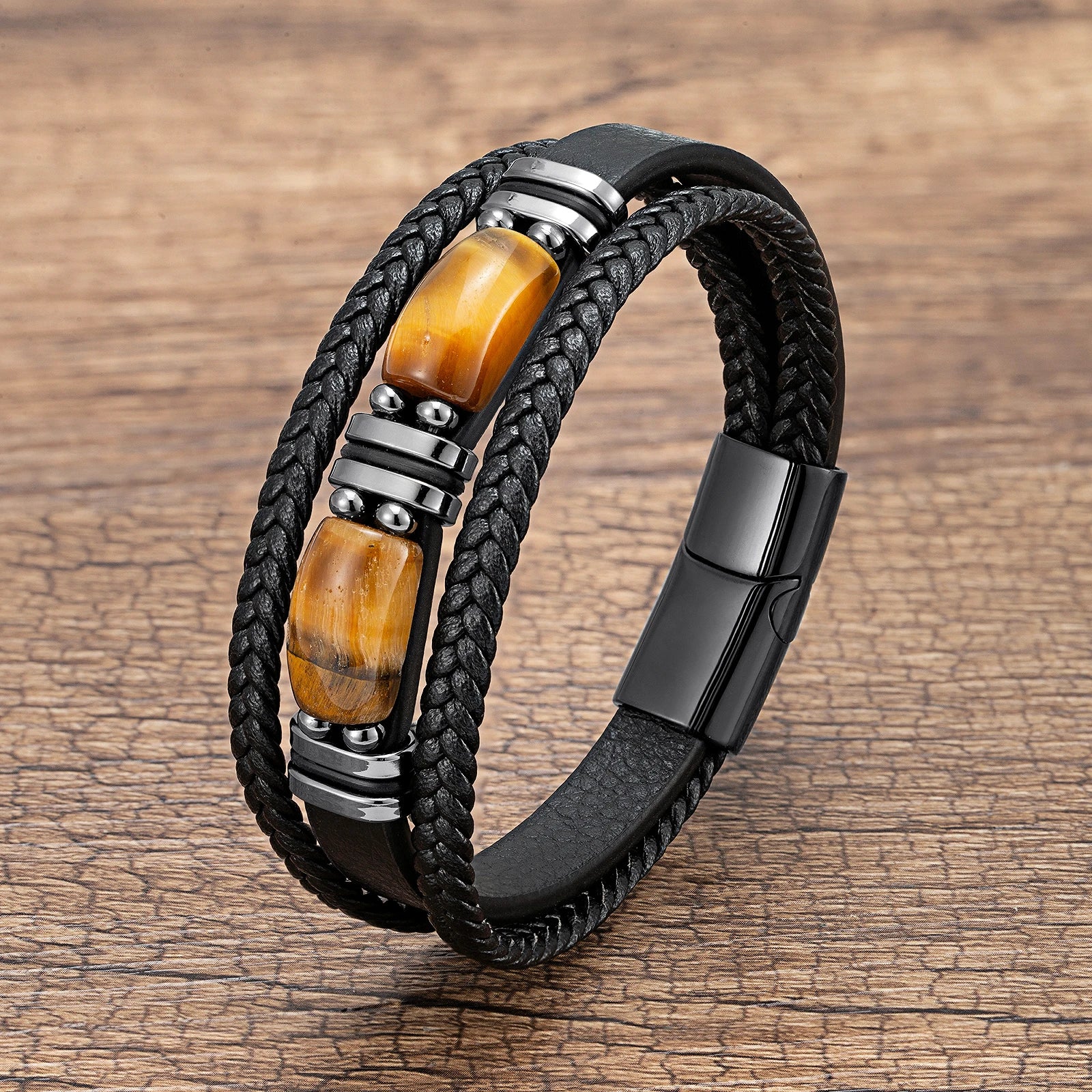 Bracelet Leather Braided Tiger Eye Stone Steel Bead