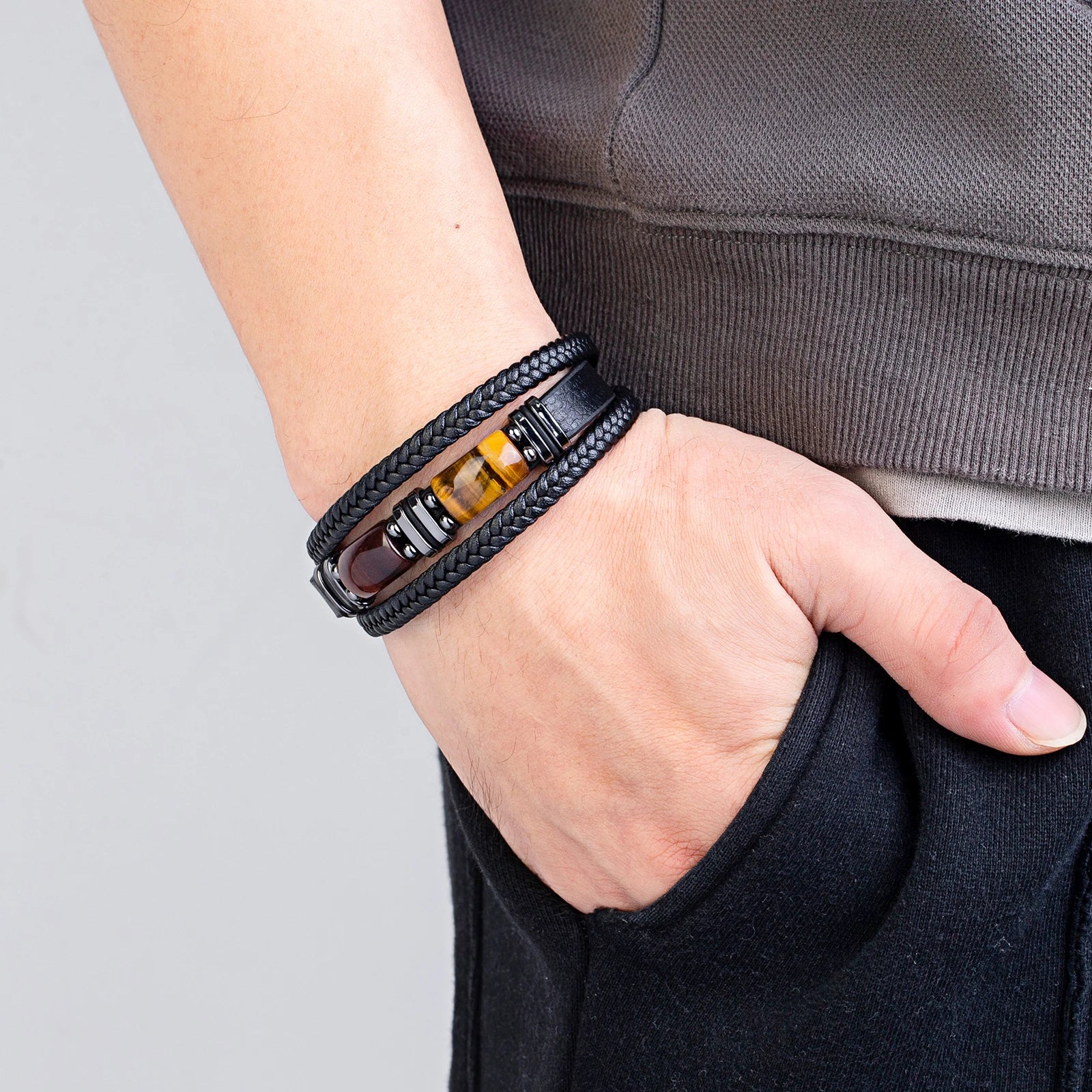 Bracelet Leather Braided Tiger Eye Stone Steel Bead