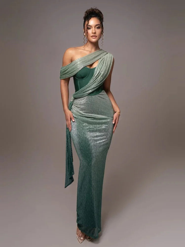 One Shoulder Maxi Dress Women Glitter Bodycon Formal Evening