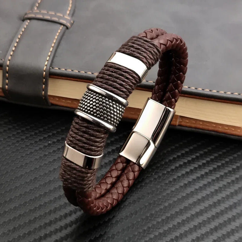 Bracelet Leather Wrap Multilayer Stainless Steel Bead