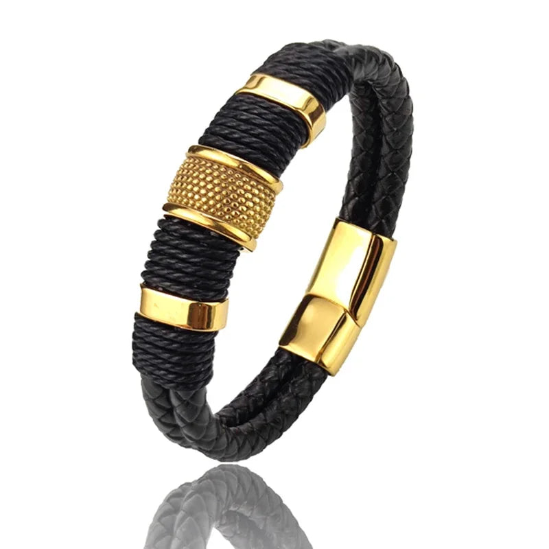 Bracelet Leather Wrap Multilayer Stainless Steel Bead