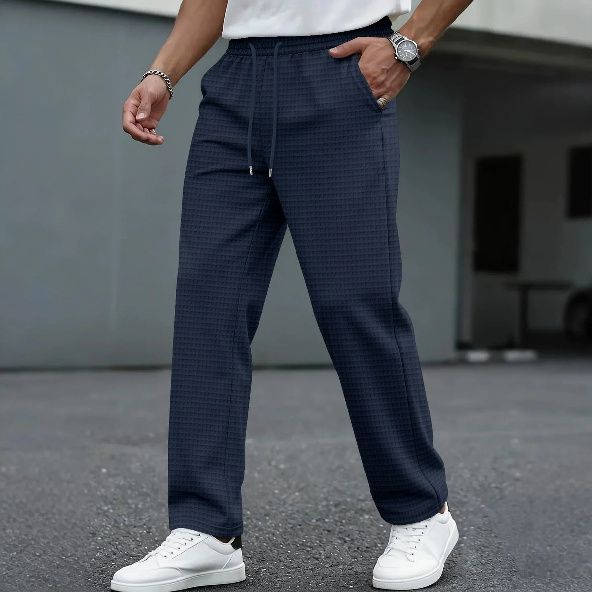 Men's Elasticated Waist Trousers Drawstring Straight Leg Smart Casual