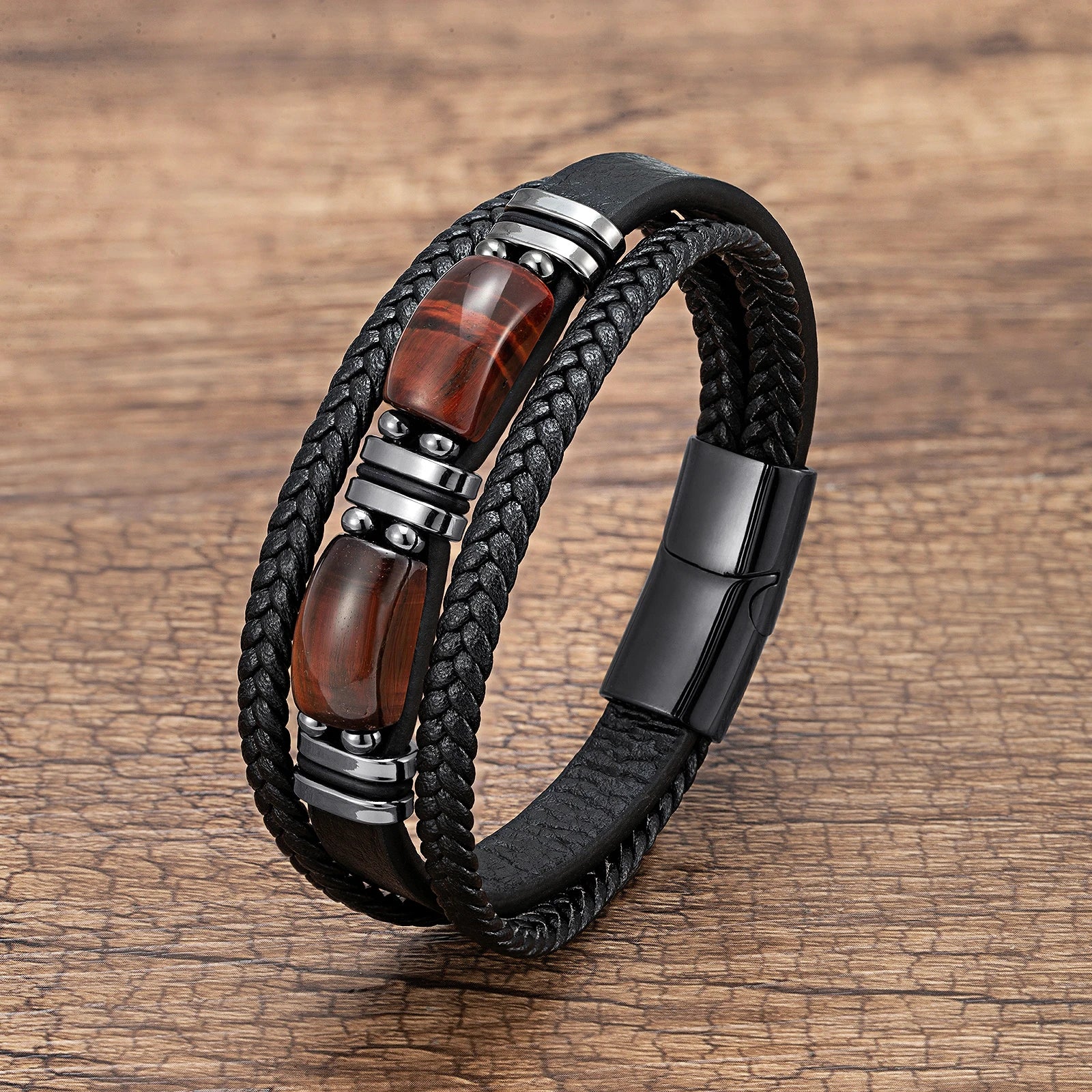 Bracelet Leather Braided Tiger Eye Stone Steel Bead