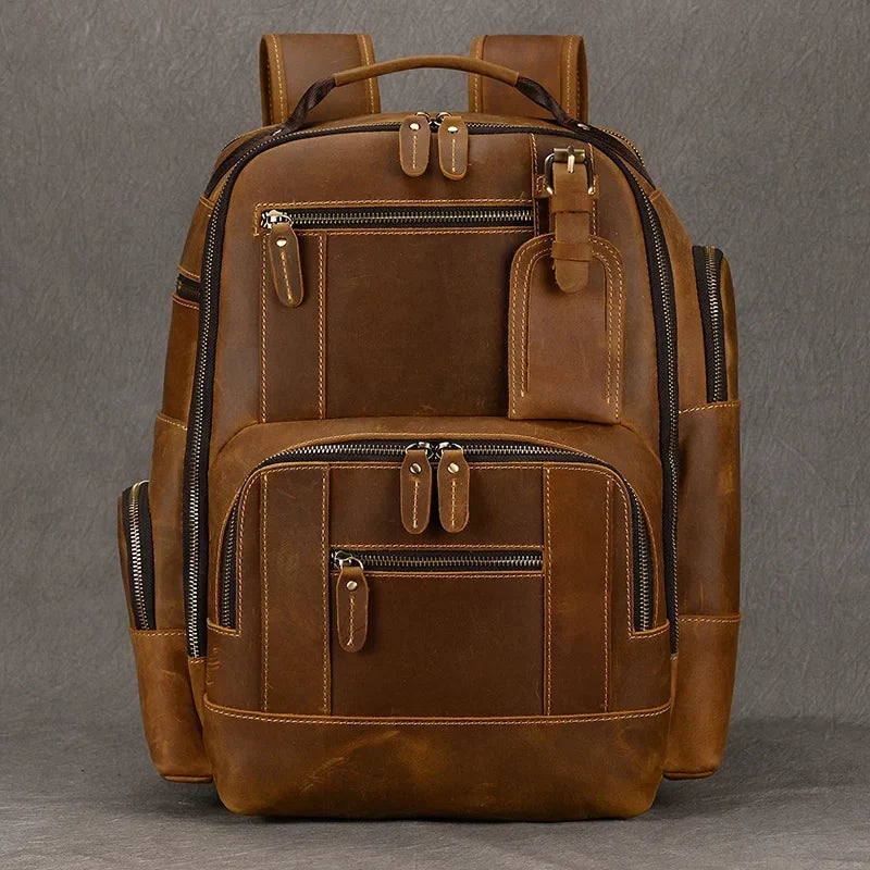 Men's Vintage Leather-Look Backpack Laptop Compartment Multiple Pockets