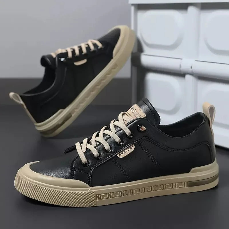Men's Leather Sneakers Lace Up Cushioned Insole Low Top Casual
