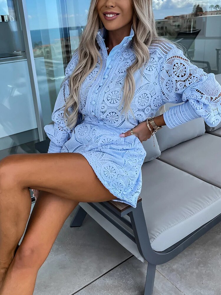 Lace Two Piece Set Women Long Sleeve Top and Shorts Summer