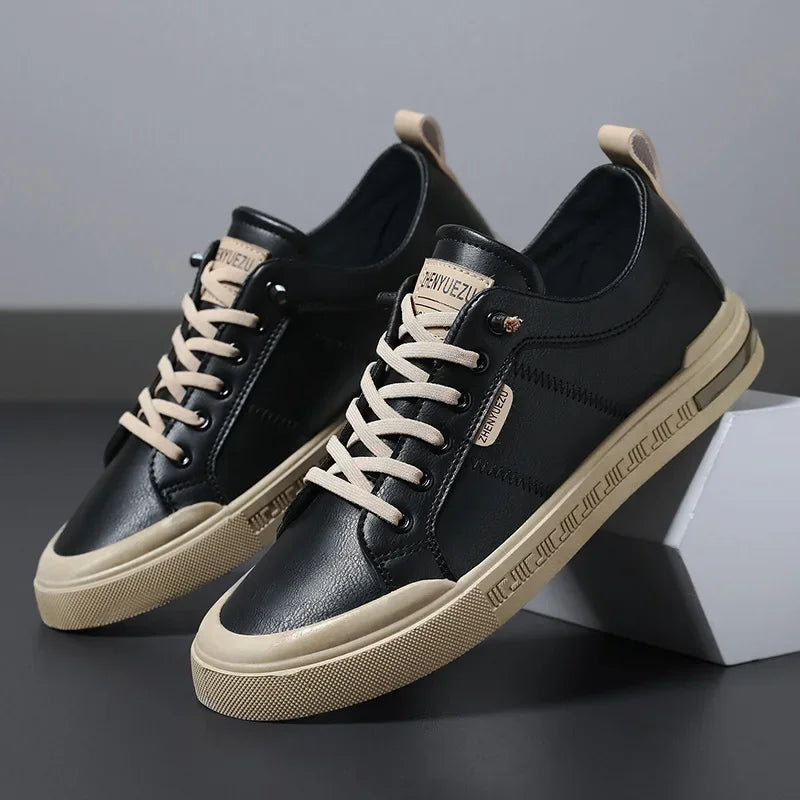 Men's Leather Sneakers Lace Up Cushioned Insole Low Top Casual
