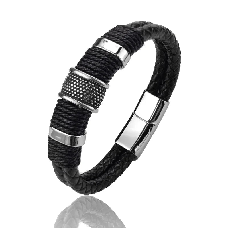 Bracelet Leather Wrap Multilayer Stainless Steel Bead