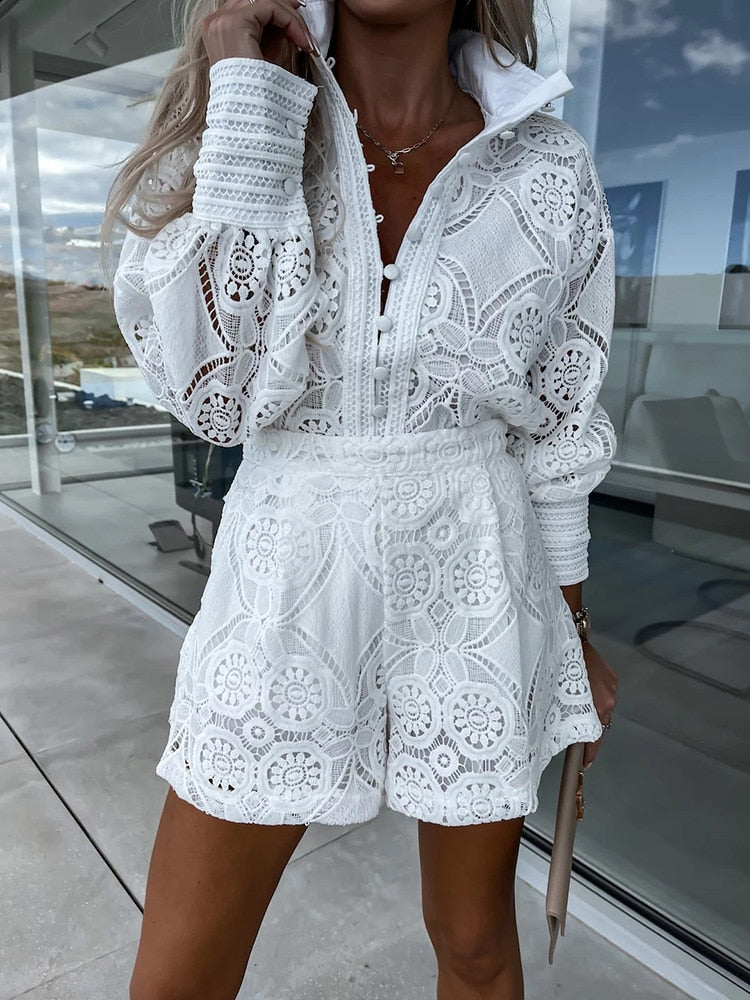Lace Two Piece Set Women Long Sleeve Top and Shorts Summer