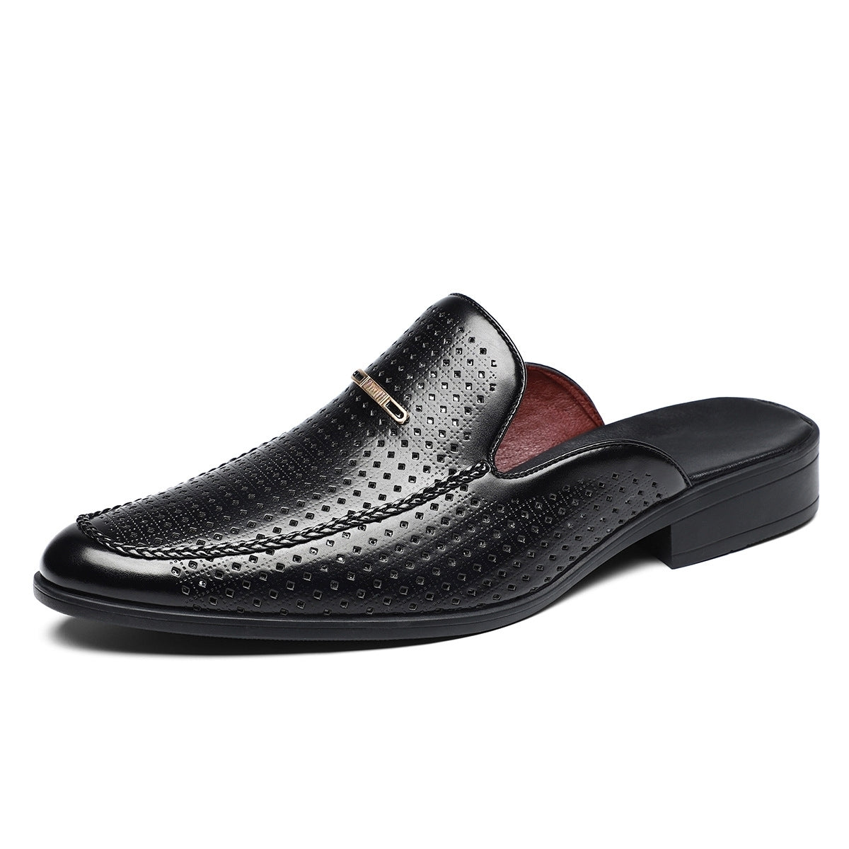 Mule Leather Men's Perforated Slip On Metal Detail