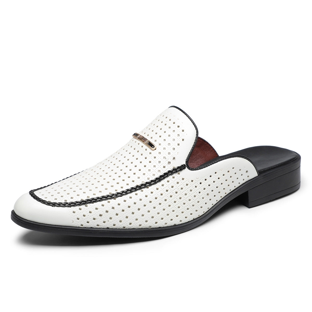Mule Leather Men's Perforated Slip On Metal Detail
