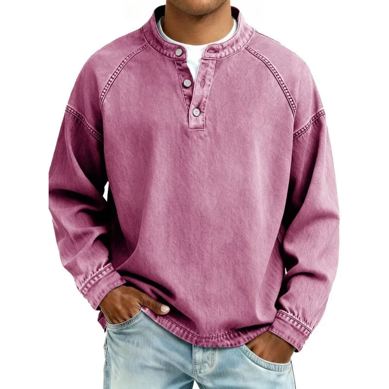 Men's Long Sleeve Henley Shirt Button Placket Relaxed Fit Vintage Style