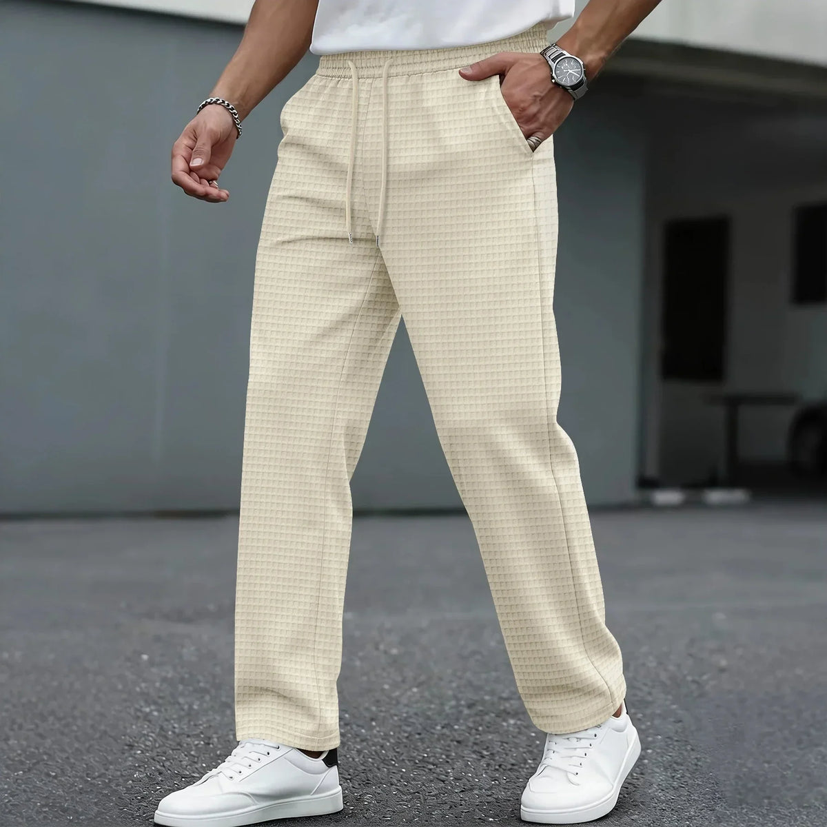 Men's Elasticated Waist Trousers Drawstring Straight Leg Smart Casual