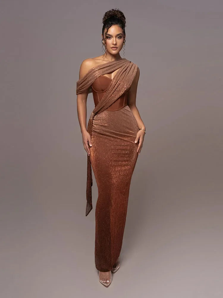 One Shoulder Maxi Dress Women Glitter Bodycon Formal Evening
