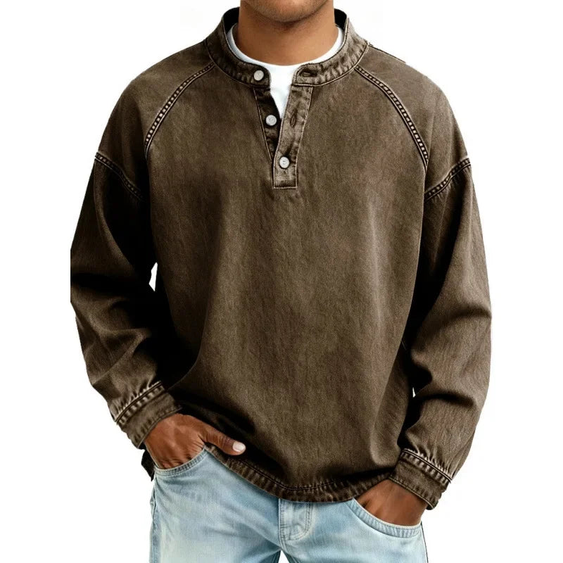 Men's Long Sleeve Henley Shirt Button Placket Relaxed Fit Vintage Style