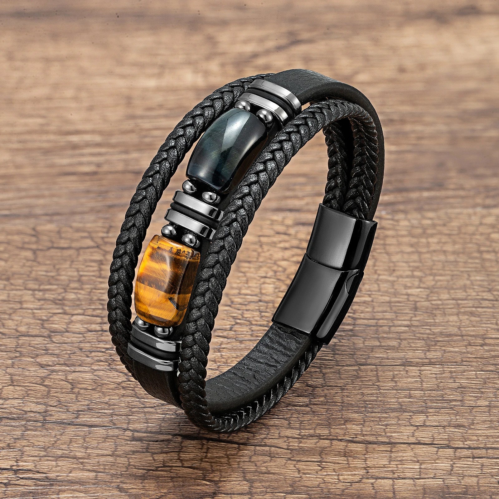 Bracelet Leather Braided Tiger Eye Stone Steel Bead