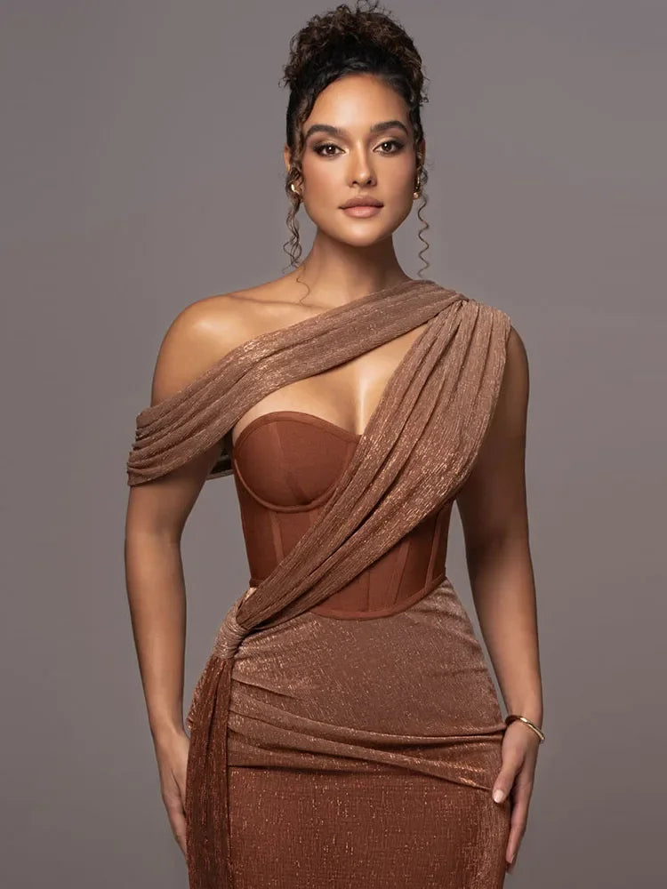 One Shoulder Maxi Dress Women Glitter Bodycon Formal Evening