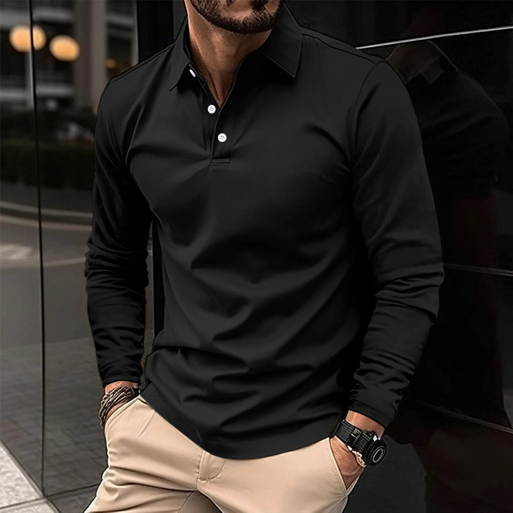 Polo Shirt Slim Fit Long Sleeve Point Collar