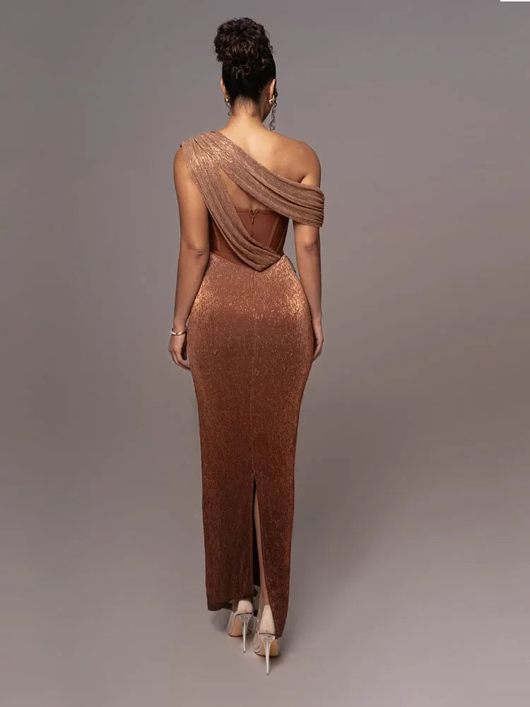 One Shoulder Maxi Dress Women Glitter Bodycon Formal Evening