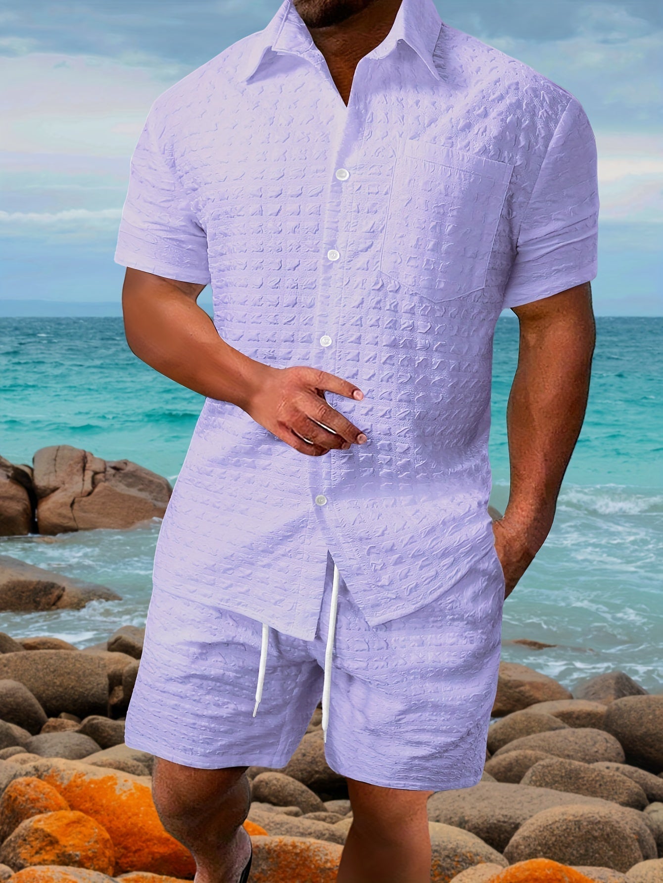 Men's Shirt Shorts Set Cotton Textured Waffle
