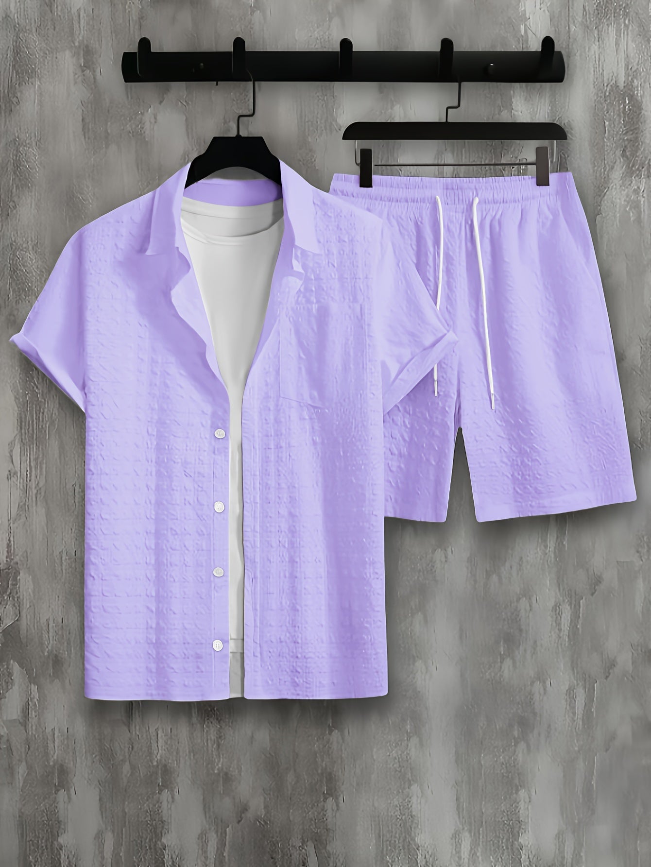 Men's Shirt Shorts Set Cotton Textured Waffle